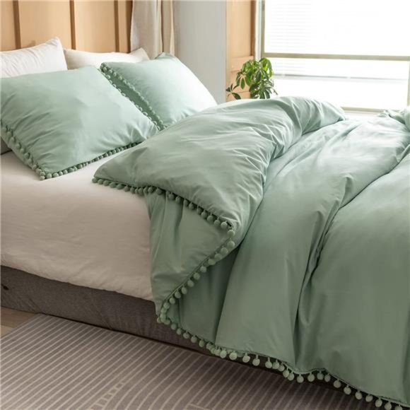 Sage Green Queen Comforter Set Ball Pom Fringe Design 3pcs, Aesthetic - Picture 3 of 6